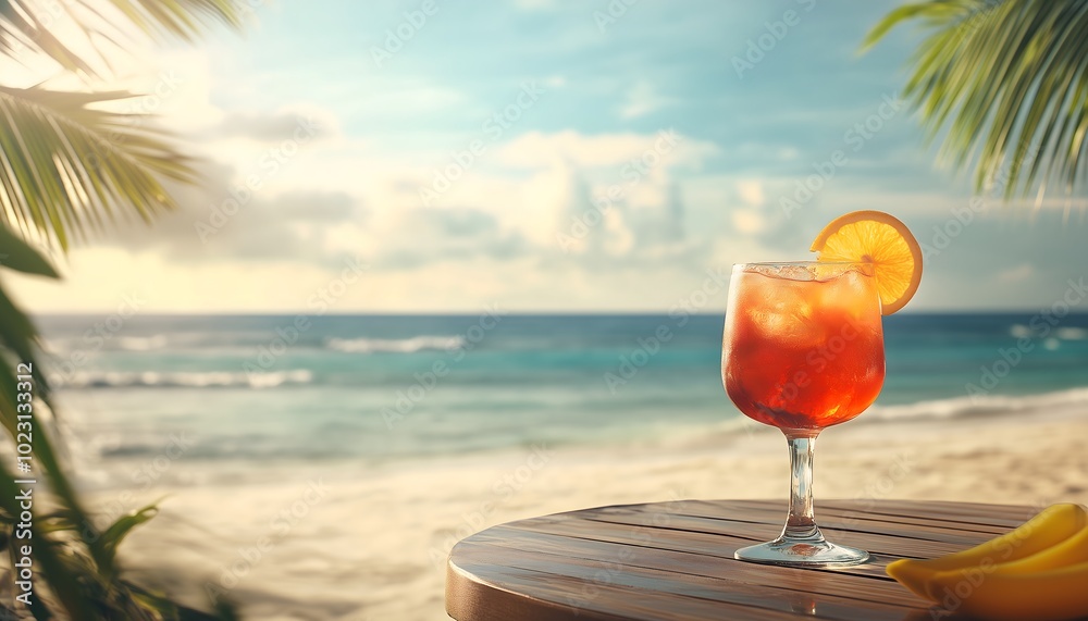 A fruity and colorful cocktail served on a table on a tropical beach A fruity and colorful cocktail served on a table on a tropical beach