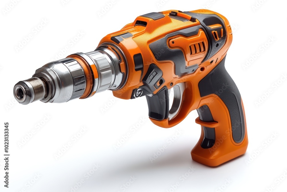 A modern orange and gray power drill designed for construction and DIY tasks. A modern orange and gray power drill designed for construction and DIY tasks.