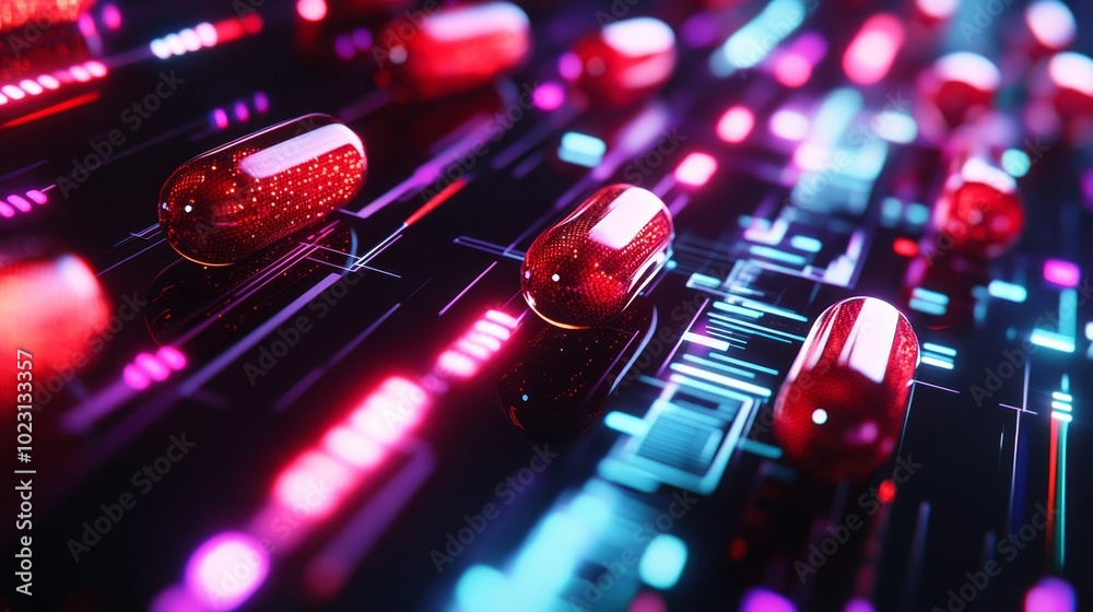 Matte carbon capsules on a neon grid, digital energy pulses, holographic data hovering, Sci-fi, Cyberpunk, 3D render Matte carbon capsules on a neon grid, digital energy pulses, holographic data hovering, Sci-fi, Cyberpunk, 3D render