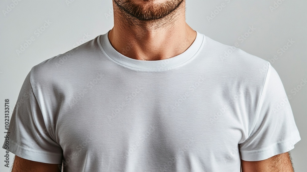Cropped view of a man's torso and lower face wearing a crisp white t-shirt, showcasing the classic crew neck style and clean lines of basic casual wear. Cropped view of a man's torso and lower face wearing a crisp white t-shirt, showcasing the classic crew neck style and clean lines of basic casual wear.