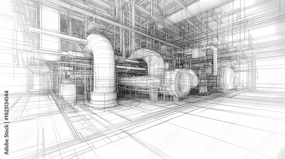 Obraz premium Sketch of industrial equipment. Wire-frame style. 3d illustration