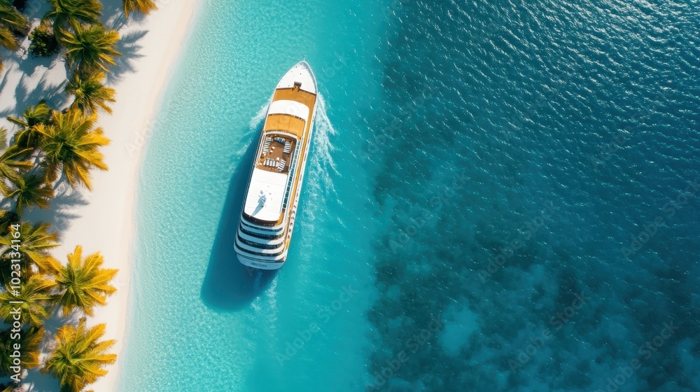 Aerial view of a luxurious cruise ship navigating near a pristine white sandy beach lined with lush palm trees, beautifully surrounded by turquoise waters.