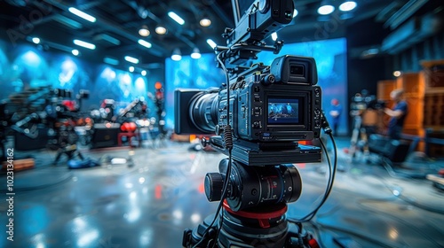 Obraz na płótnie A high-tech behind-the-scenes glimpse into a modern film production studio showcasing an array of professional cameras and filming equipment w salonie