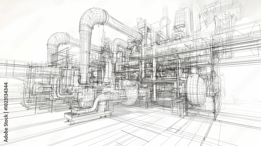 Obraz premium Sketch of industrial equipment. Wire-frame style. 3d illustration