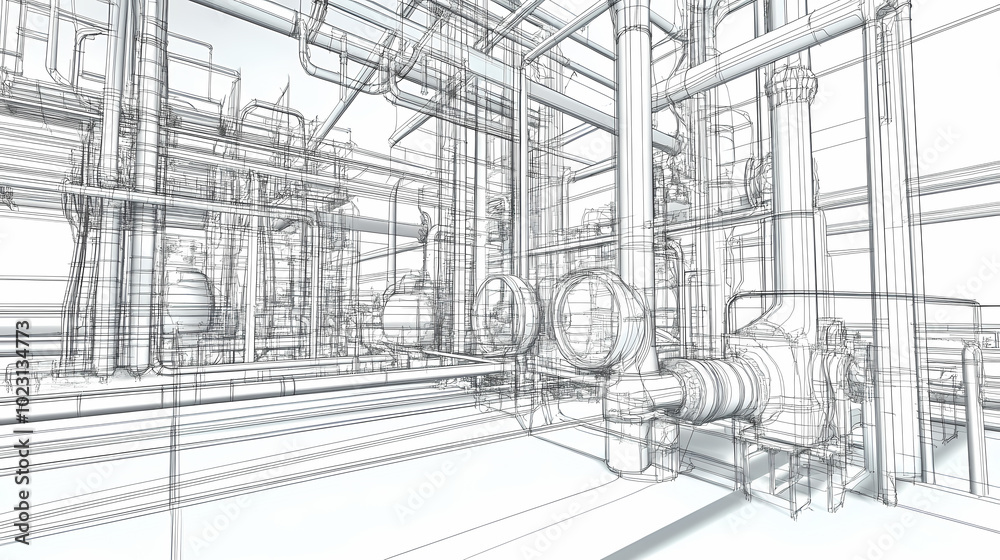 Sketch of industrial equipment. Wire-frame style. 3d illustration Sketch of industrial equipment. Wire-frame style. 3d illustration