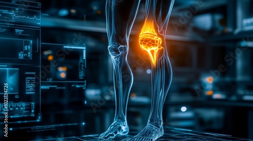 Neon hologram of a knee joint, intricate digital implants highlighted, glowing in a futuristic medical lab setting filled with advanced tech, Cyberpunk, Holographic Art photo