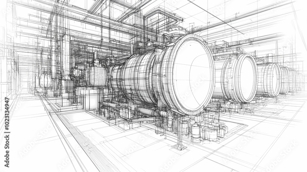 Sketch of industrial equipment. Wire-frame style. 3d illustration Sketch of industrial equipment. Wire-frame style. 3d illustration