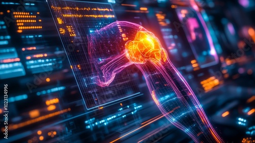 Neon-lit X-ray of a knee joint with vibrant holographic displays of futuristic medical treatments, sleek, high-tech laboratory setting, cyberpunk