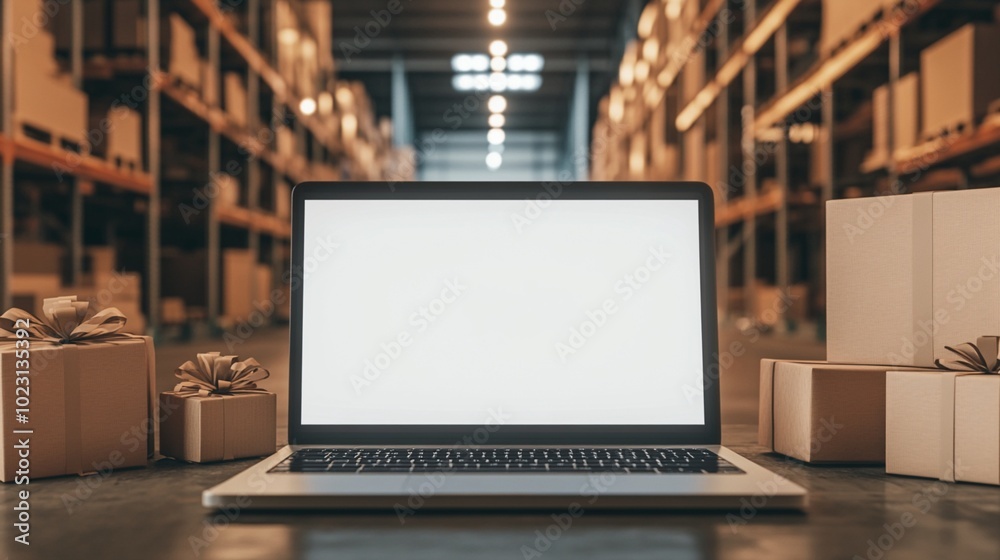 Modern laptop with blank white screen positioned in warehouse surrounded by cardboard boxes, showcasing e-commerce and logistics concept. Modern laptop with blank white screen positioned in warehouse surrounded by cardboard boxes, showcasing e-commerce and logistics concept.