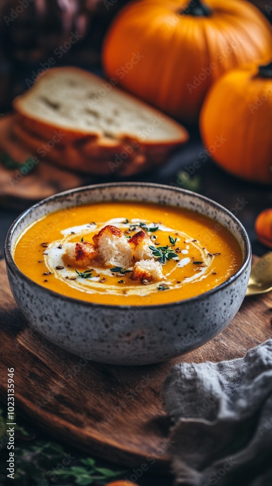 Creamy pumpkin soup garnished with croutons and herbs in a rustic bowl, surrounded by whole pumpkins and bread slices on wooden surface.