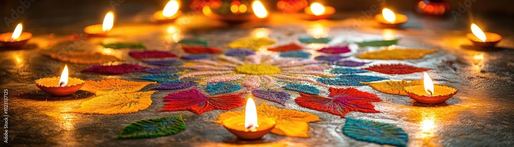 A vibrant rangoli design adorned with glowing diyas, symbolizing joy and celebration during festivals. A vibrant rangoli design adorned with glowing diyas, symbolizing joy and celebration during festivals.