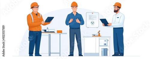 Construction supervisor holding safety talk with workers in protective gear, pointing at hazard signs, emphasizing risk prevention and workplace safety