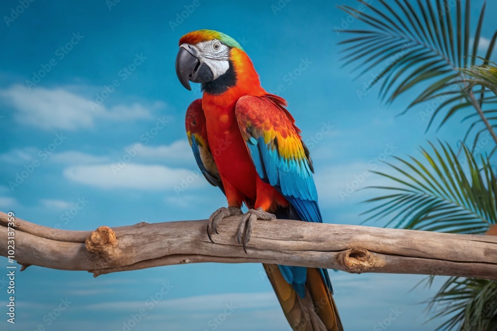 Obraz premium Feature a vibrant macaw perched on a branch, with its feathers contrasting against a tropical rainforest background. 