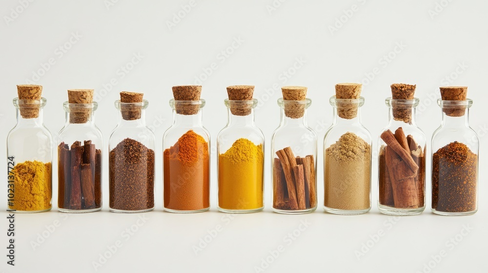 A clean arrangement of glass bottles with chili powder, turmeric, and cinnamon, all placed on a white background. No people. A clean arrangement of glass bottles with chili powder, turmeric, and cinnamon, all placed on a white background. No people.