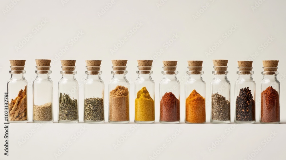 A collection of glass bottles filled with various spices like turmeric, cumin, and paprika, neatly arranged on a white background. No people. A collection of glass bottles filled with various spices like turmeric, cumin, and paprika, neatly arranged on a white background. No people.