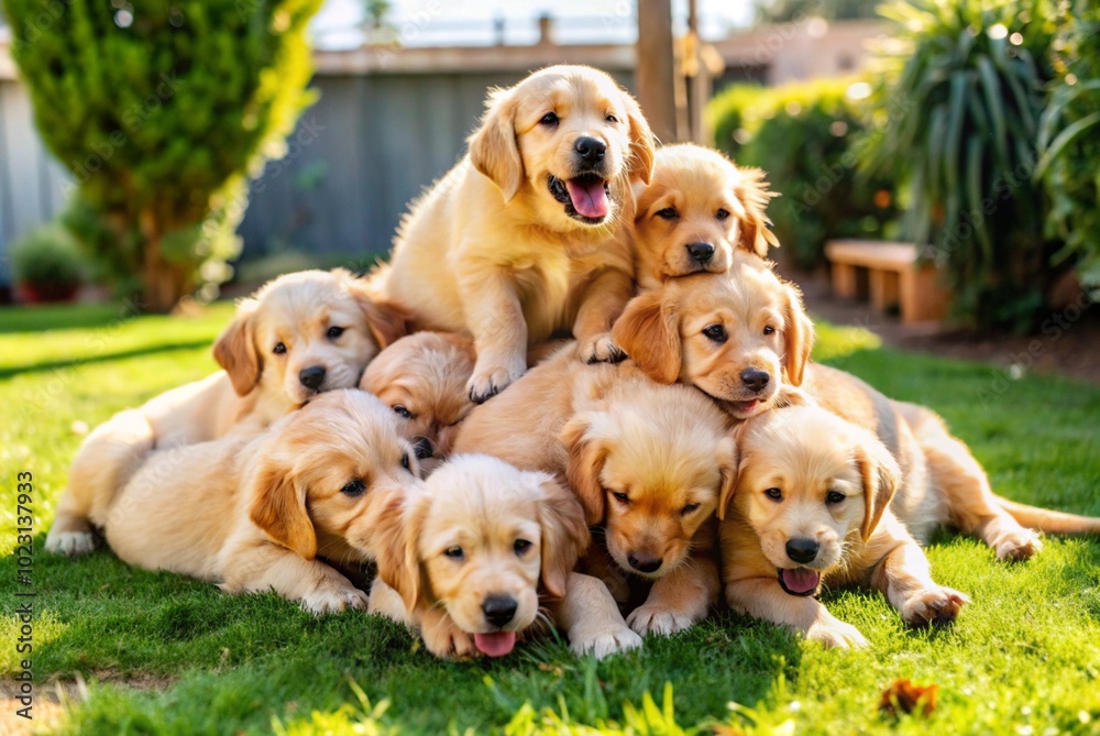 Photograph a group of golden retriever puppies tumbling over each other in a sunny backyard, showcasing their playful nature.
