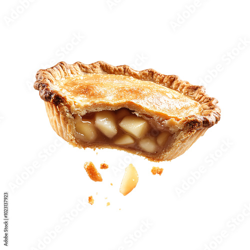 A delicious apple pie in the air with a bite taken out of it on an isolated background