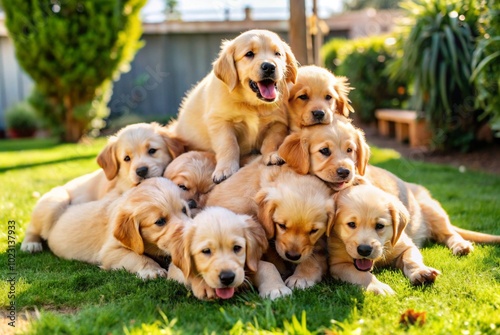 Obraz na płótnie Photograph a group of golden retriever puppies tumbling over each other in a sunny backyard, showcasing their playful nature.
w salonie