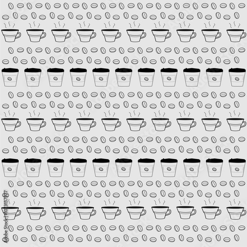 Pattern of line icons of coffee beans, cups, coffee to go, package or fabric cover