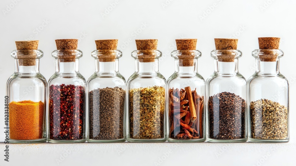 A neat arrangement of glass bottles filled with different spices like cinnamon, cumin, and chili flakes, displayed on a white background. No people.