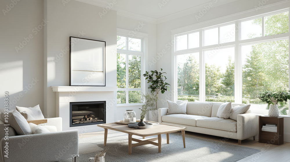 A bright and airy living room featuring large windows, cozy sofa, and stylish coffee table. space is adorned with greenery, creating serene atmosphere perfect for relaxation A bright and airy living room featuring large windows, cozy sofa, and stylish coffee table. space is adorned with greenery, creating serene atmosphere perfect for relaxation