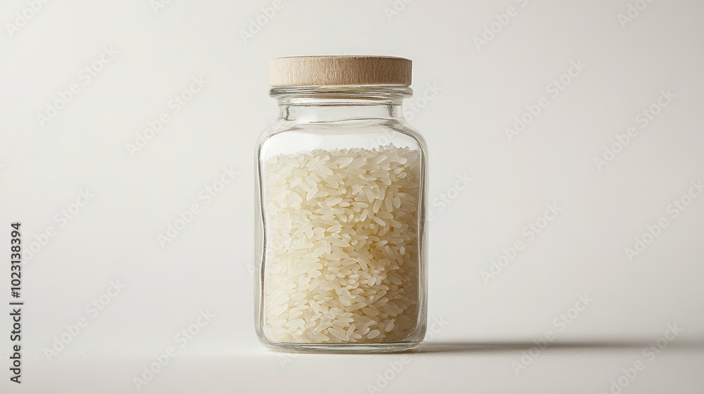 A transparent glass bottle filled with aromatic jasmine rice, positioned on a white background with subtle shadows. No people. A transparent glass bottle filled with aromatic jasmine rice, positioned on a white background with subtle shadows. No people.