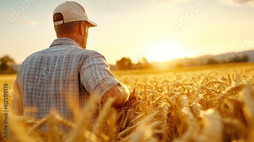 A farmer, with his back turned, walks through a golden wheat field as the sun sets, creating a peaceful and reflective atmosphere in the twilight glow.