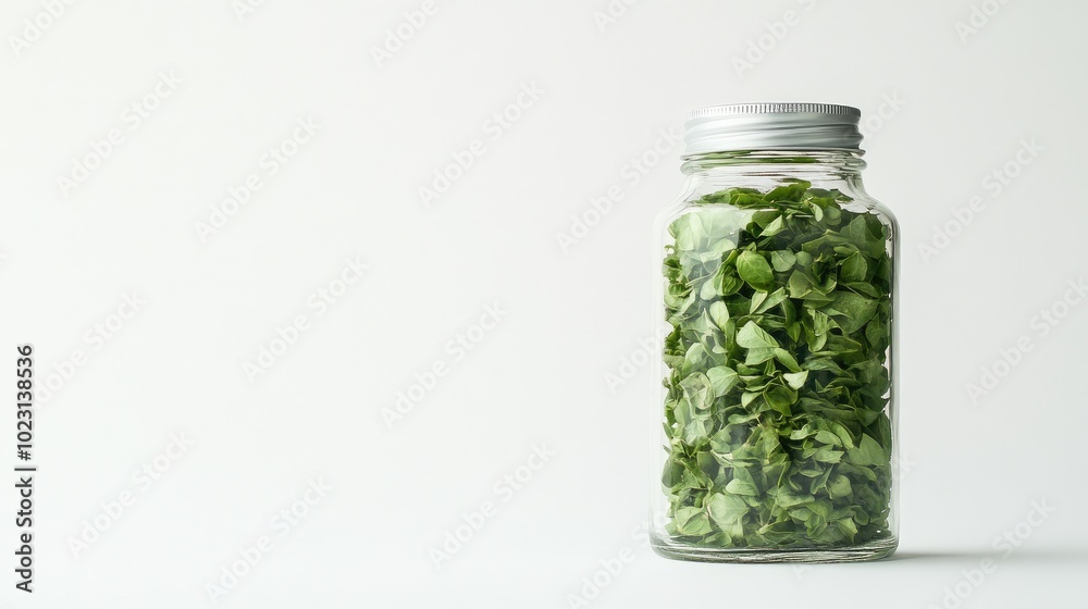 Close-up of a glass bottle filled with dried basil leaves, placed on a seamless white background. No people. Close-up of a glass bottle filled with dried basil leaves, placed on a seamless white background. No people.