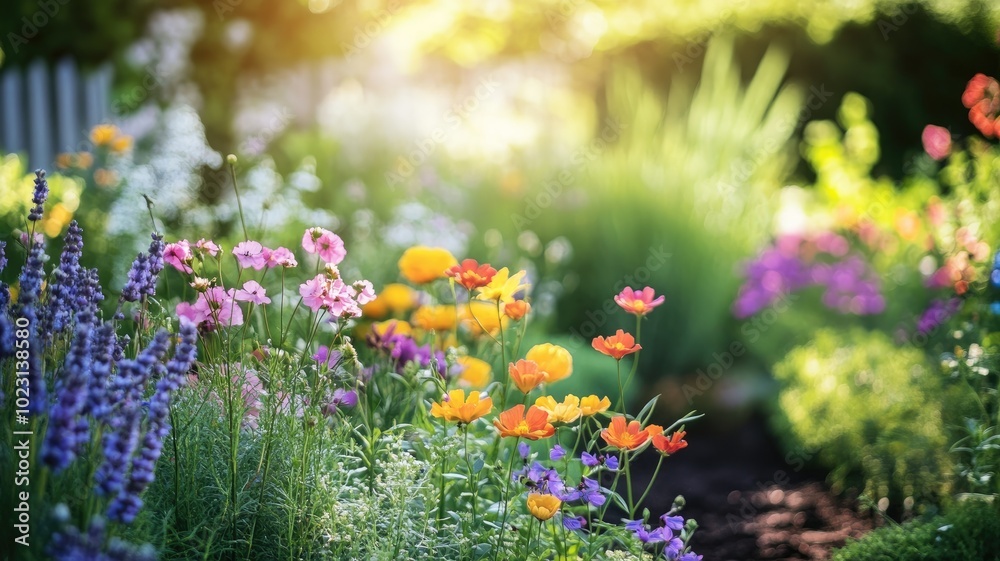 Obraz premium Vibrant flower garden with diverse blooms under sunlight