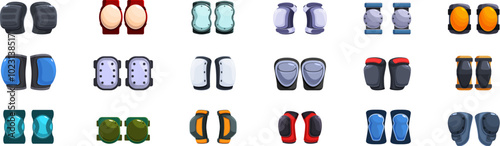 Knee pads icons set. Set of knee pads for extreme sports and work safety in different designs providing knee protection during falls and accidents