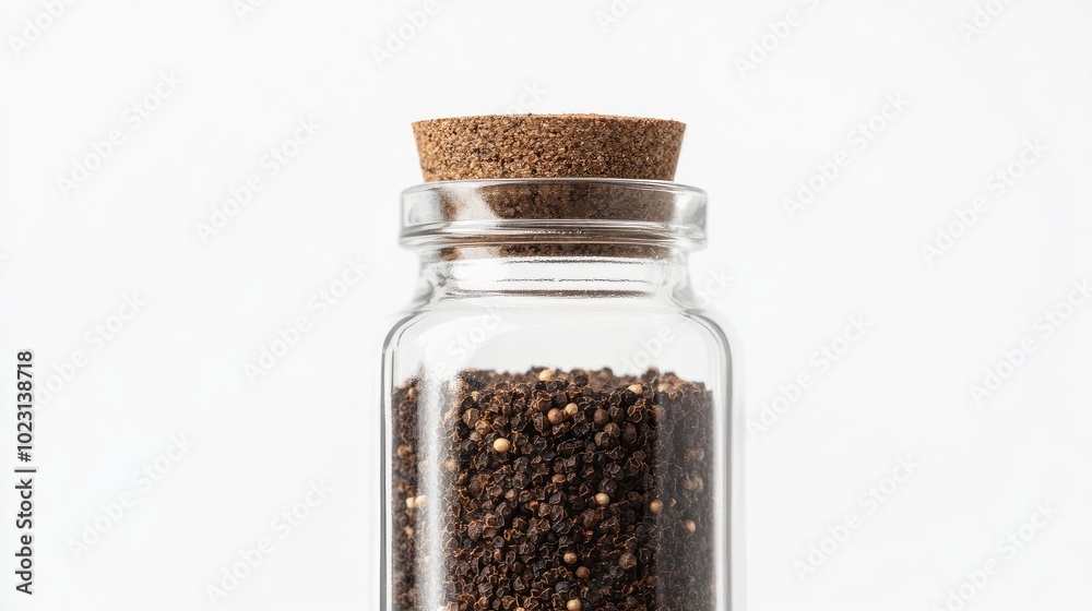 Close-up of a glass bottle filled with ground black pepper, highlighted against a bright white background. Simple and clean. No people. Close-up of a glass bottle filled with ground black pepper, highlighted against a bright white background. Simple and clean. No people.