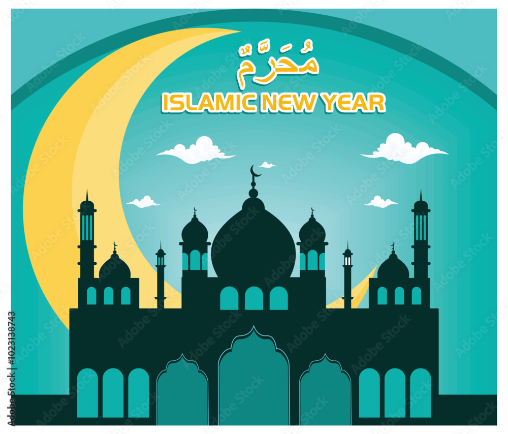 Art Muharram, Islamic New Year. flat vector modern illustration Art Muharram, Islamic New Year. flat vector modern illustration