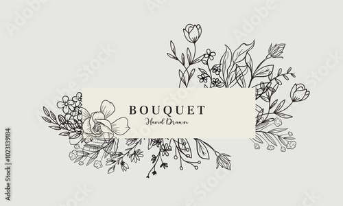 Bouquet Set of elegant background with detailed various flowers and foliage, intricate details and delicate forms. Floral frame & Wedding wildflowers for invitation save the date card Etc.