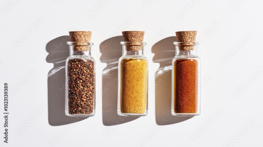 Collection of small glass spice bottles containing ground cumin, paprika, and mustard seeds, neatly arranged on a white background. No people. Collection of small glass spice bottles containing ground cumin, paprika, and mustard seeds, neatly arranged on a white background. No people.