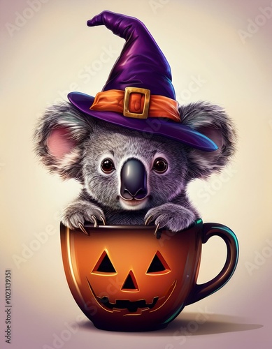 an adorable koala, wearing a witch hat sitting in a coffee cup, painted with a Halloween theme, the color theme consists of black, purple, orange, and green,  photo