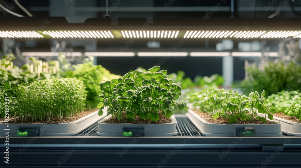 Indoor gardening is thriving with vibrant green plants under bright LED lights, showcasing variety of herbs and greens in modern hydroponic setup Indoor gardening is thriving with vibrant green plants under bright LED lights, showcasing variety of herbs and greens in modern hydroponic setup