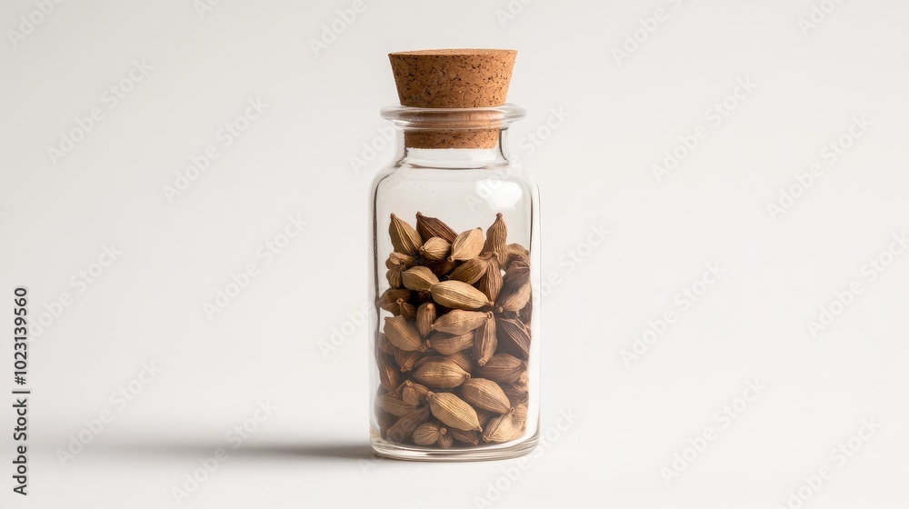 Glass bottle filled with cardamom pods, set on a white background with soft lighting to emphasize details. No people. Glass bottle filled with cardamom pods, set on a white background with soft lighting to emphasize details. No people.