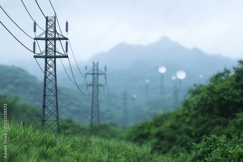 Power Lines Through Lush Green Hills and Fog Power Lines Through Lush Green Hills and Fog