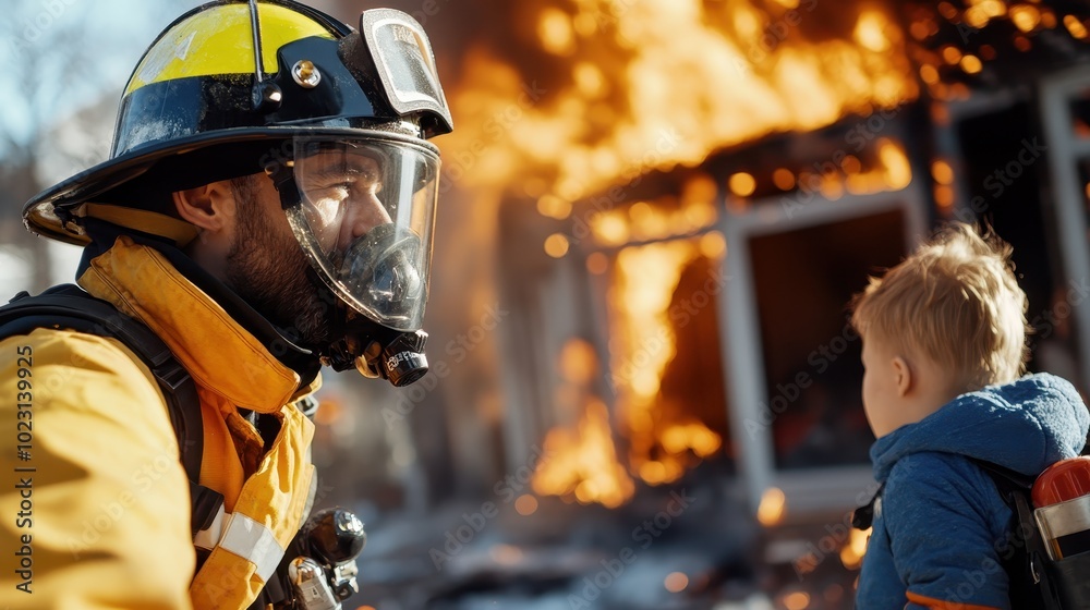 A compassionate firefighter assists a child in proximity to a fiercely burning building, reflecting dedication, care, and swift action during critical rescue operations. A compassionate firefighter assists a child in proximity to a fiercely burning building, reflecting dedication, care, and swift action during critical rescue operations.