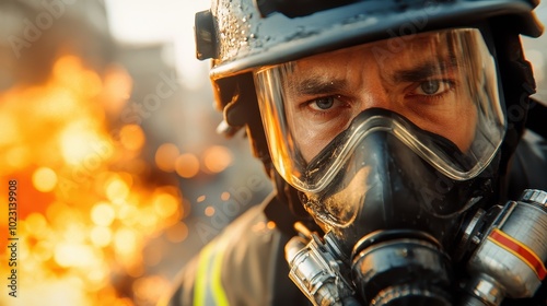 A focused firefighter equipped with a protective breathing mask looks into the camera amid roaring flames, emphasizing protection, alertness, and responsibility. photo