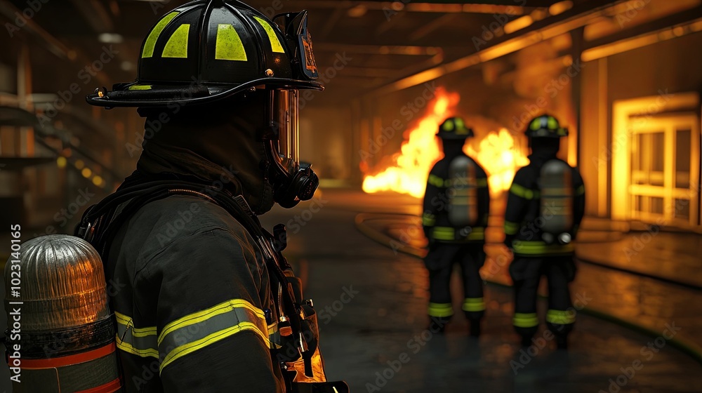 Firefighter in Full Gear Facing Burning Building Firefighter in Full Gear Facing Burning Building