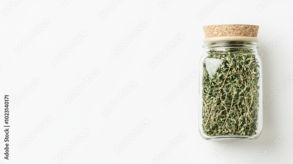 Glass jar filled with dried thyme leaves, sitting on a bright white background, with a minimalist design approach. No people. Glass jar filled with dried thyme leaves, sitting on a bright white background, with a minimalist design approach. No people.