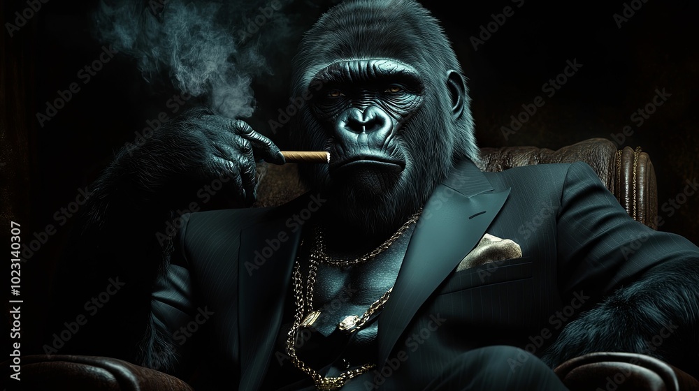 A Gorilla in a Suit Smoking a Cigar and Wearing Gold Chains A Gorilla in a Suit Smoking a Cigar and Wearing Gold Chains