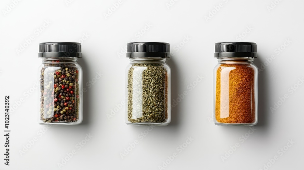 Neatly arranged glass bottles containing chili powder, cumin, and oregano, placed on a white background with minimalist design. No people. Neatly arranged glass bottles containing chili powder, cumin, and oregano, placed on a white background with minimalist design. No people.