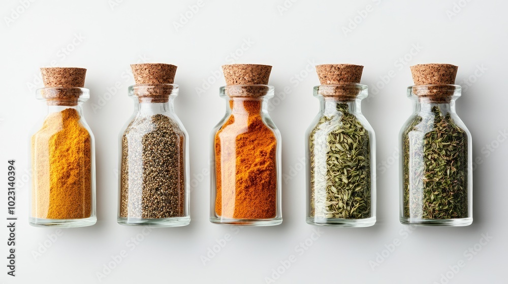 Neatly arranged glass bottles containing chili powder, cumin, and oregano, placed on a white background with minimalist design. No people. Neatly arranged glass bottles containing chili powder, cumin, and oregano, placed on a white background with minimalist design. No people.
