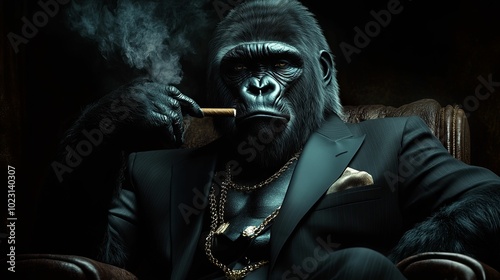 A Gorilla in a Suit Smoking a Cigar and Wearing Gold Chains