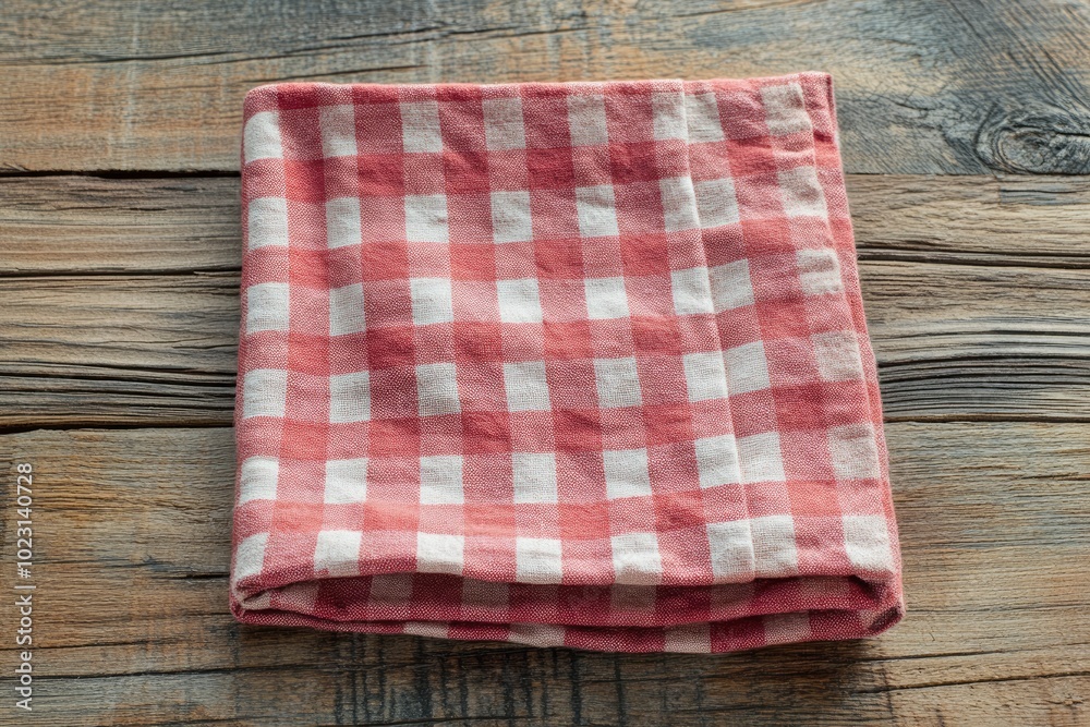 Red checkered napkin on a rustic wooden table with copy space for placing your text or product. Italian, homemade, traditional kitchen - generative ai Red checkered napkin on a rustic wooden table with copy space for placing your text or product. Italian, homemade, traditional kitchen - generative ai