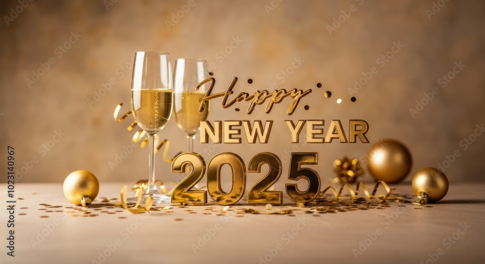 Celebratory toast for New Year 2025 with champagne decorations Celebratory toast for New Year 2025 with champagne decorations