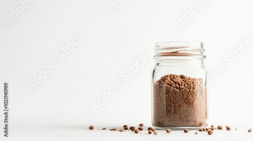 Transparent glass jar filled with ground nutmeg, positioned against a pure white background, highlighting the texture. No people.