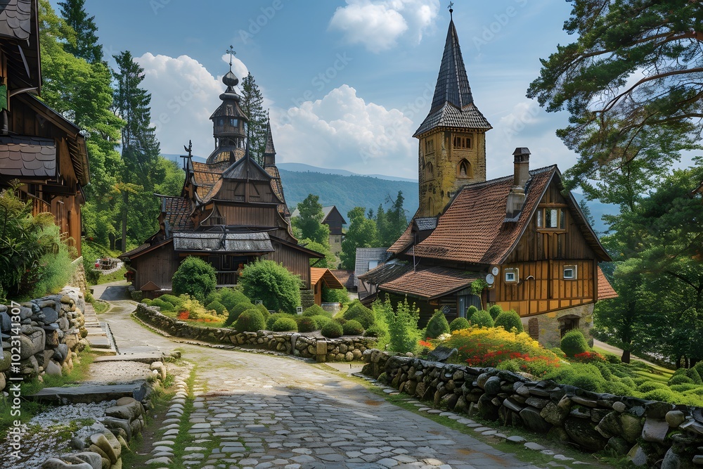 Fototapeta premium Charming Mountain Village with Historic Architecture and Lush Greenery